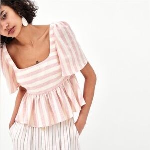 Zara TRF Pink & Cream Striped Peplum Top Flutter Sleeve Blouse